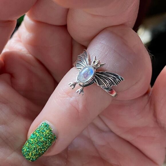 Solid Sterling Silver Rainbow Moonstone Bat Ring Size 6 - Picture 7 of 9